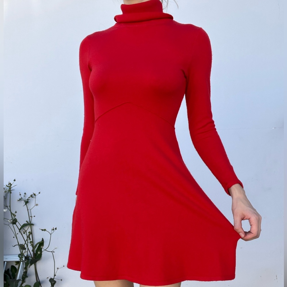 Red long sleeve mini dress Size M, collared knit Christmas winter dress soft